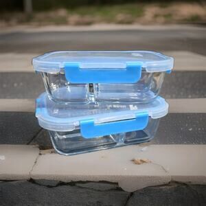 Fit Strong & Healthy Glass Containers 3 Compartments Micro Oven Safe Set Of 2